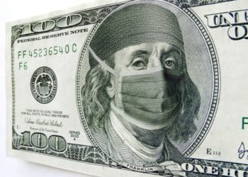 $100 bill with Franklin wearing a surgical mask