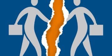 illustration of figures shaking hands torn down the middle