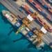 aerial view of freighter loaded with cargo