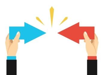 red and blue arrows pointing in opposite directions