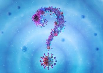 red question mark made of coronavirus on blue background