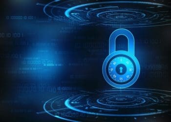 padlock on blue background, cybersecurity concept