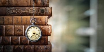 stack of old leather bound books with antique pocketwatch