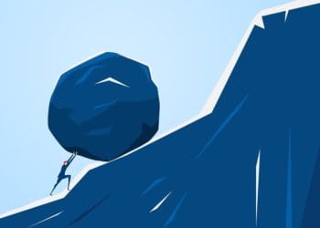 illustration of businessman pushing large boulder up a steep hill