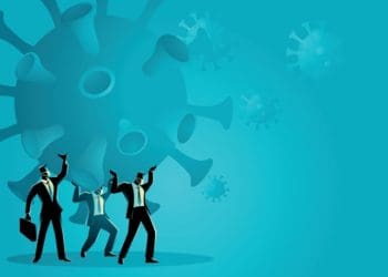 illustration of businessmen carrying coronavirus burden