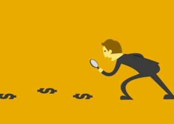 illustration on yellow of man following the money