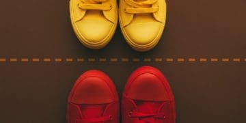 line between yellow shoes and red shoes