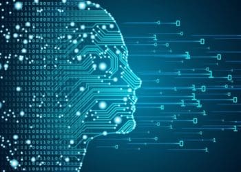 machine learning concept, woman's face in silhouette with circuit board and binary data flow