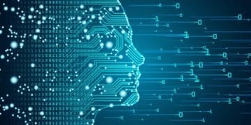 machine learning concept, woman's face in silhouette with circuit board and binary data flow