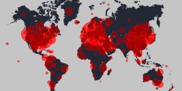 growing red spots on a map of the globe, concept of pandemic