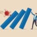 illustration of covid virus toppling dominos held up by businessman