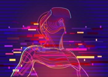 multicolor illustration of man with virtual reality headset on, concept of simulation