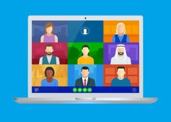 illustration, gallery view of a team on a videoconference