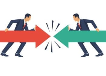 conflict of interest concept, 2 businessmen with red and green arrows against each other