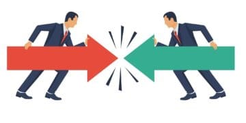 conflict of interest concept, 2 businessmen with red and green arrows against each other