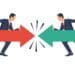 conflict of interest concept, 2 businessmen with red and green arrows against each other