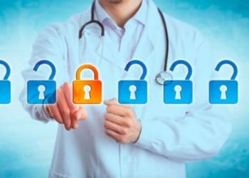 doctor locking one virtual lock in a lineup of open padlocks