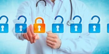 doctor locking one virtual lock in a lineup of open padlocks