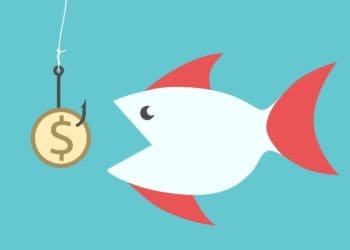 illustration of fish about to eat a coin as bait, concept of financial fraud