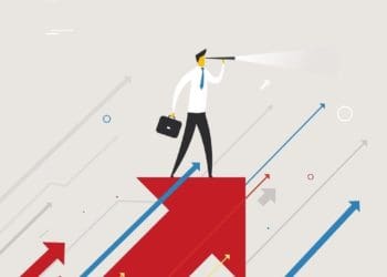illustration of businessman standing on upward pointing arrow looking into the future