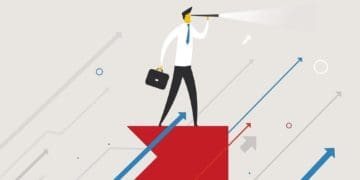 illustration of businessman standing on upward pointing arrow looking into the future