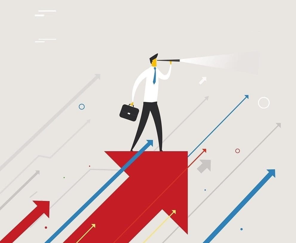 illustration of businessman standing on upward pointing arrow looking into the future
