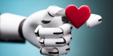close-up of a robot's hand holding red heart