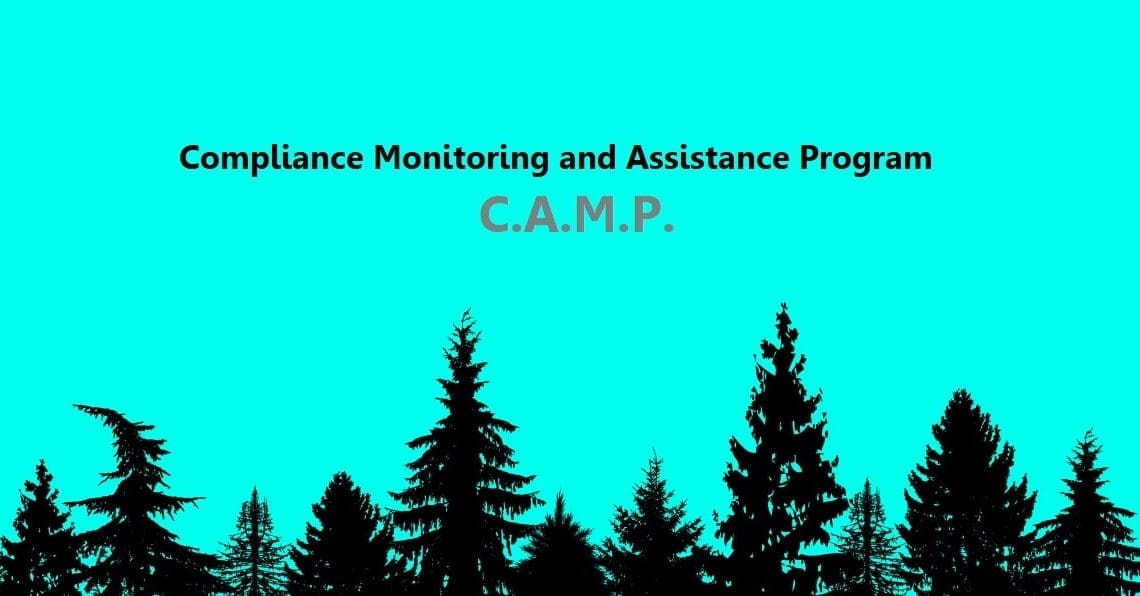 compliance monitoring and assistance program with silhouette of forest at bottom of image