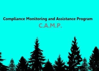 compliance monitoring and assistance program with silhouette of forest at bottom of image