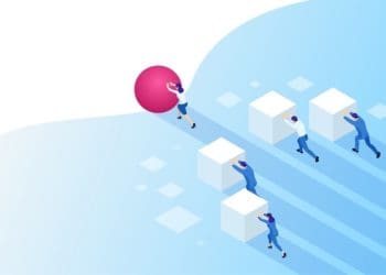 workers pushing cubes, bested by worker pushing ball; concept of working smarter