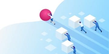 workers pushing cubes, bested by worker pushing ball; concept of working smarter