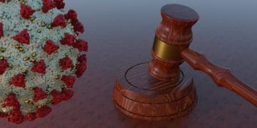 Gavel Law Hammer with Coronavirus Covid-19 3D image