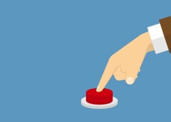 illustration of man's hand pushing red button on blue background