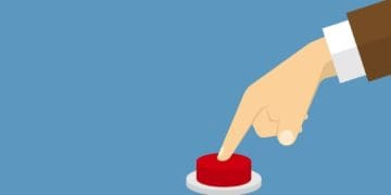 illustration of man's hand pushing red button on blue background