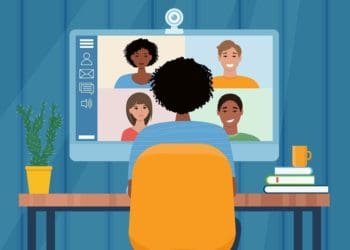 illustration of woman attending video conference with group of colleagues on screen