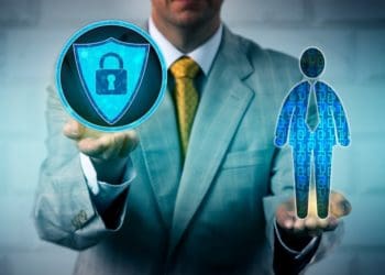 executive holding data security and figure with binary background