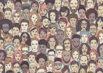 diverse crowd of people - seamless banner of hand-drawn faces of various ethnicities