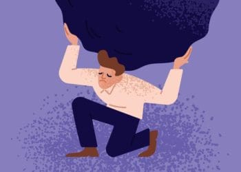 illustration of businessman laboring under heavy burden