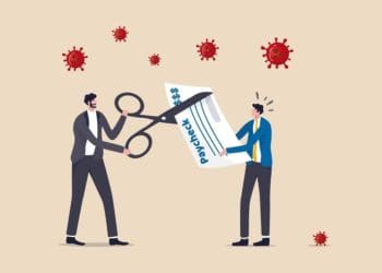 illustration of boss cutting worker's paycheck during COVID-19