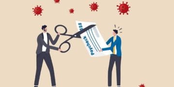 illustration of boss cutting worker's paycheck during COVID-19