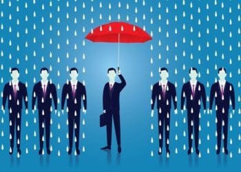 illustration of businessmen in the rain with one protected by a red umbrella