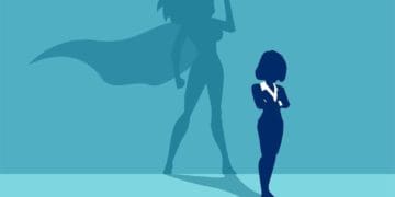 illustration of businesswoman with superhero shadow