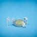 tiny figures in forensic protective gear inspecting Euro coin
