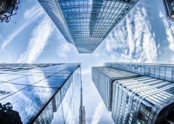 view of city skyline from below