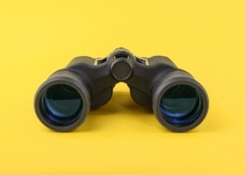 black binoculars on yellow background