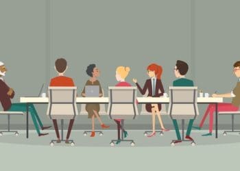 illustration of diverse group of businesspeople at conference table