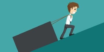 illustration of businessman pulling heavy load uphill