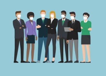 illustration of diverse business team wearing masks