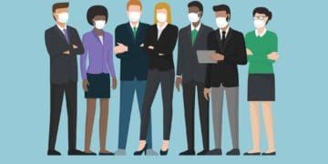 illustration of diverse business team wearing masks