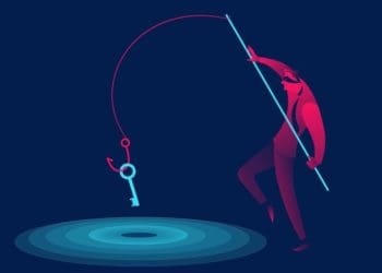 phishing, scam, hacker business concept in red and blue neon gradients